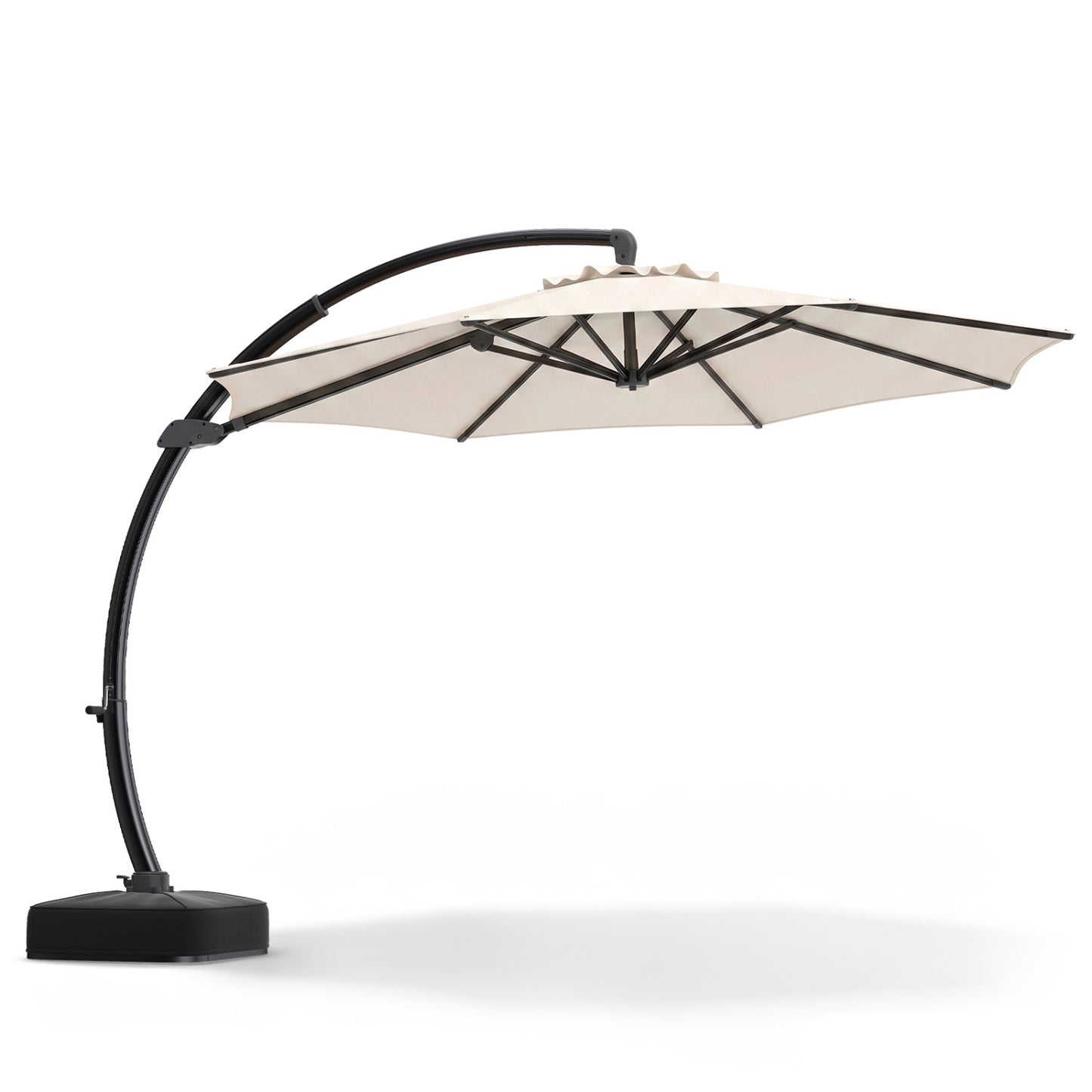 Beige 11 ft cantilever patio umbrella with base, featuring 360° rotation and tilt adjustment for outdoor shade.