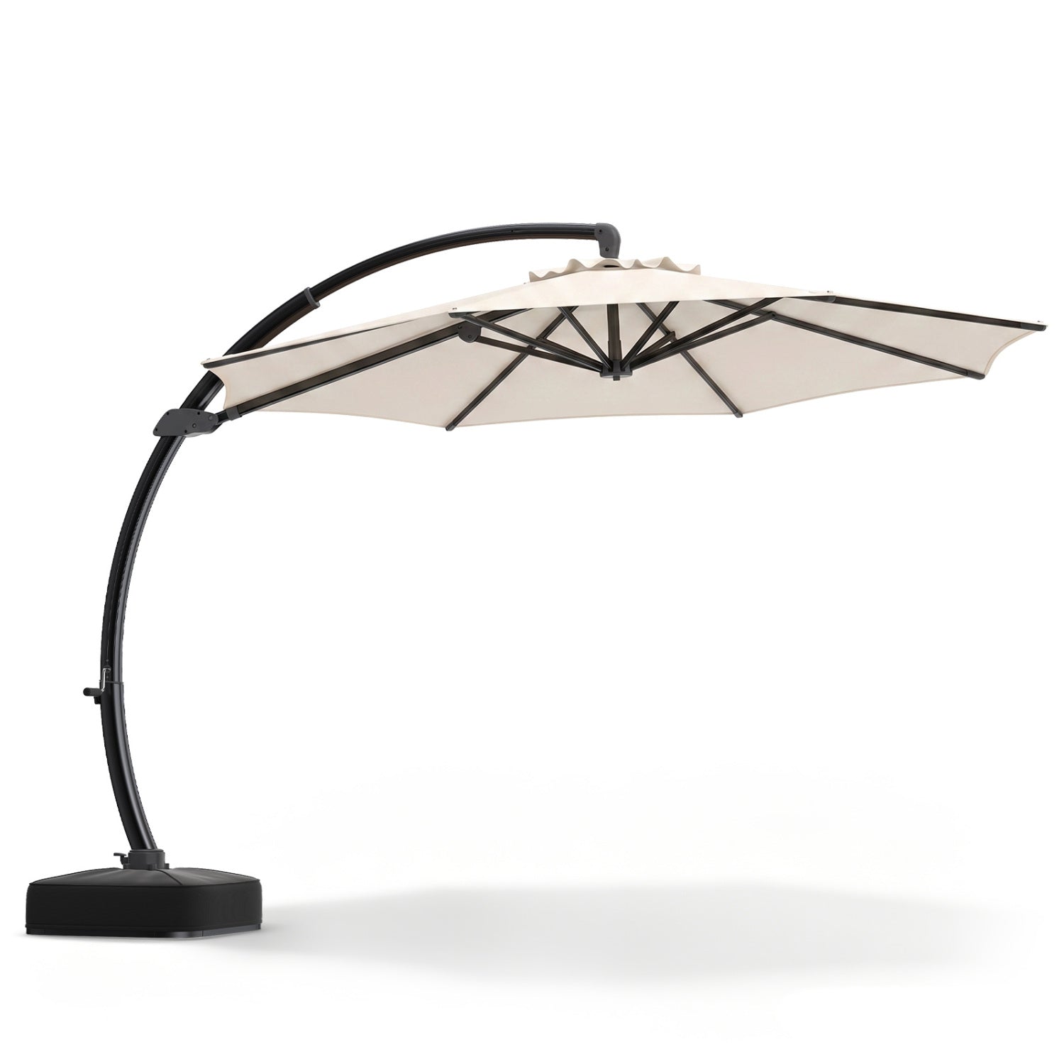 Beige 11 ft cantilever patio umbrella with base, featuring 360° rotation and tilt adjustment for outdoor shade.