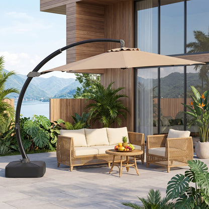 Beige 11 ft cantilever patio umbrella with base, featuring 360° rotation and tilt adjustment for outdoor shade.