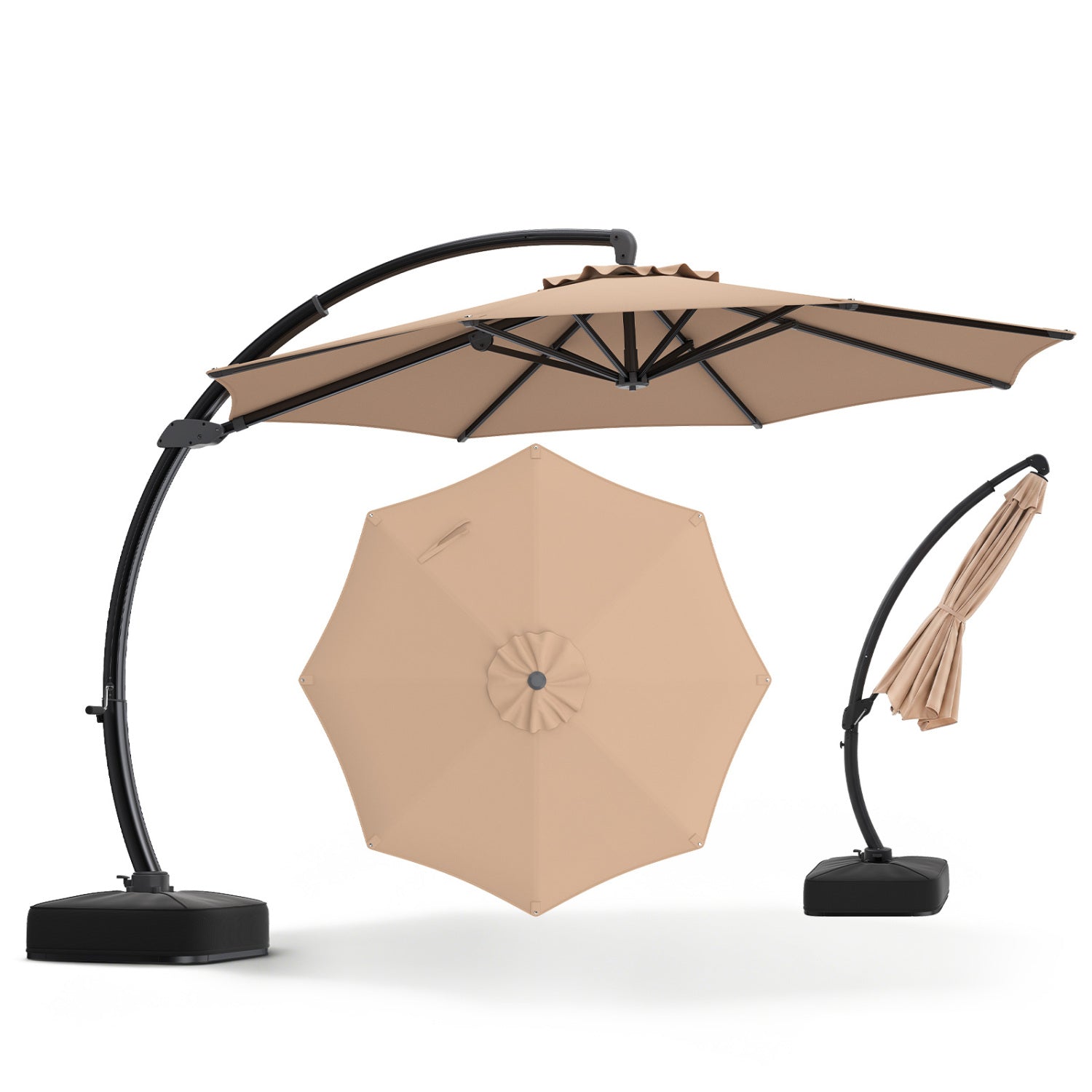 Beige 11 ft cantilever patio umbrella with base, featuring 360° rotation and tilt adjustment for outdoor shade.