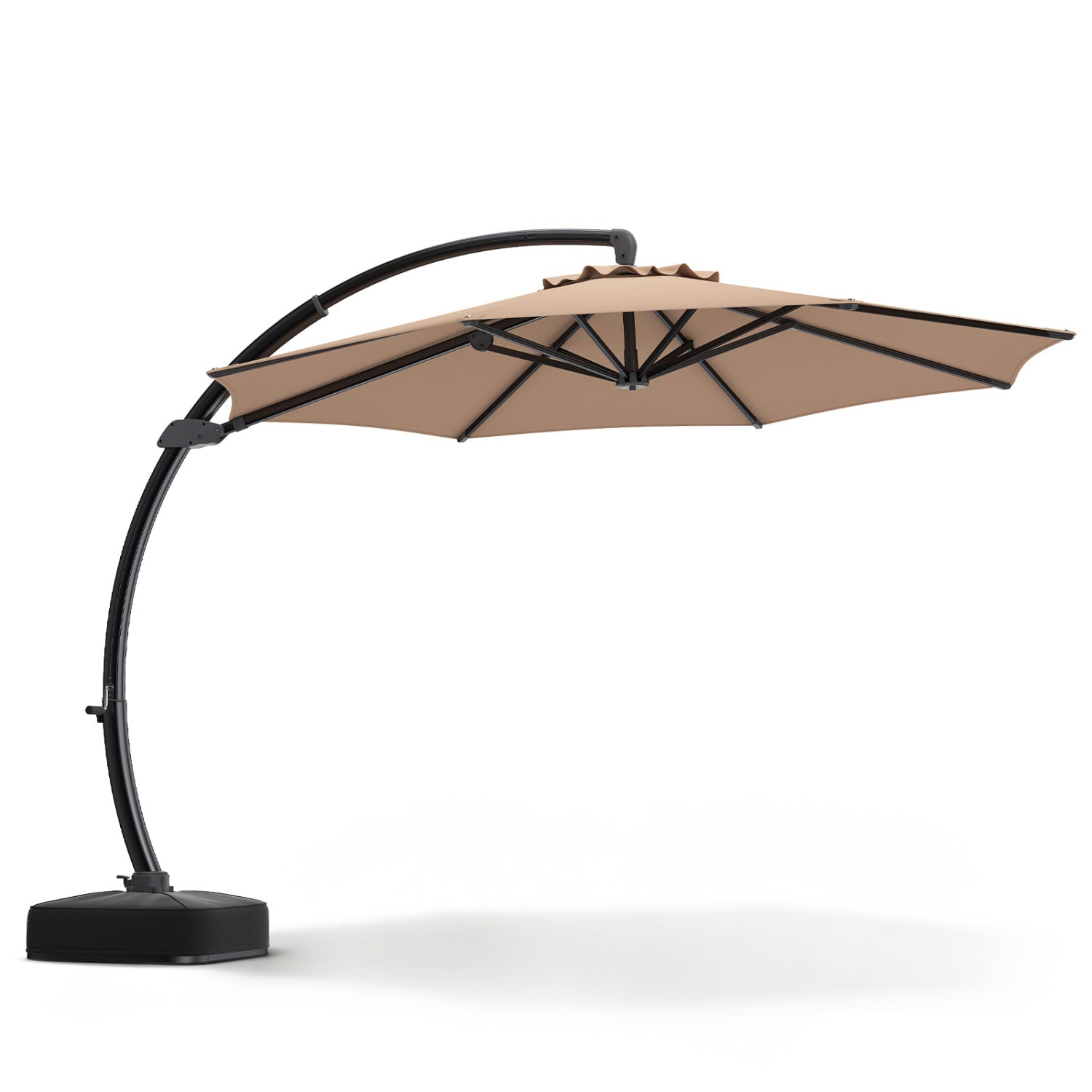 Beige 11 ft cantilever patio umbrella with base, featuring 360° rotation and tilt adjustment, for outdoor shade.