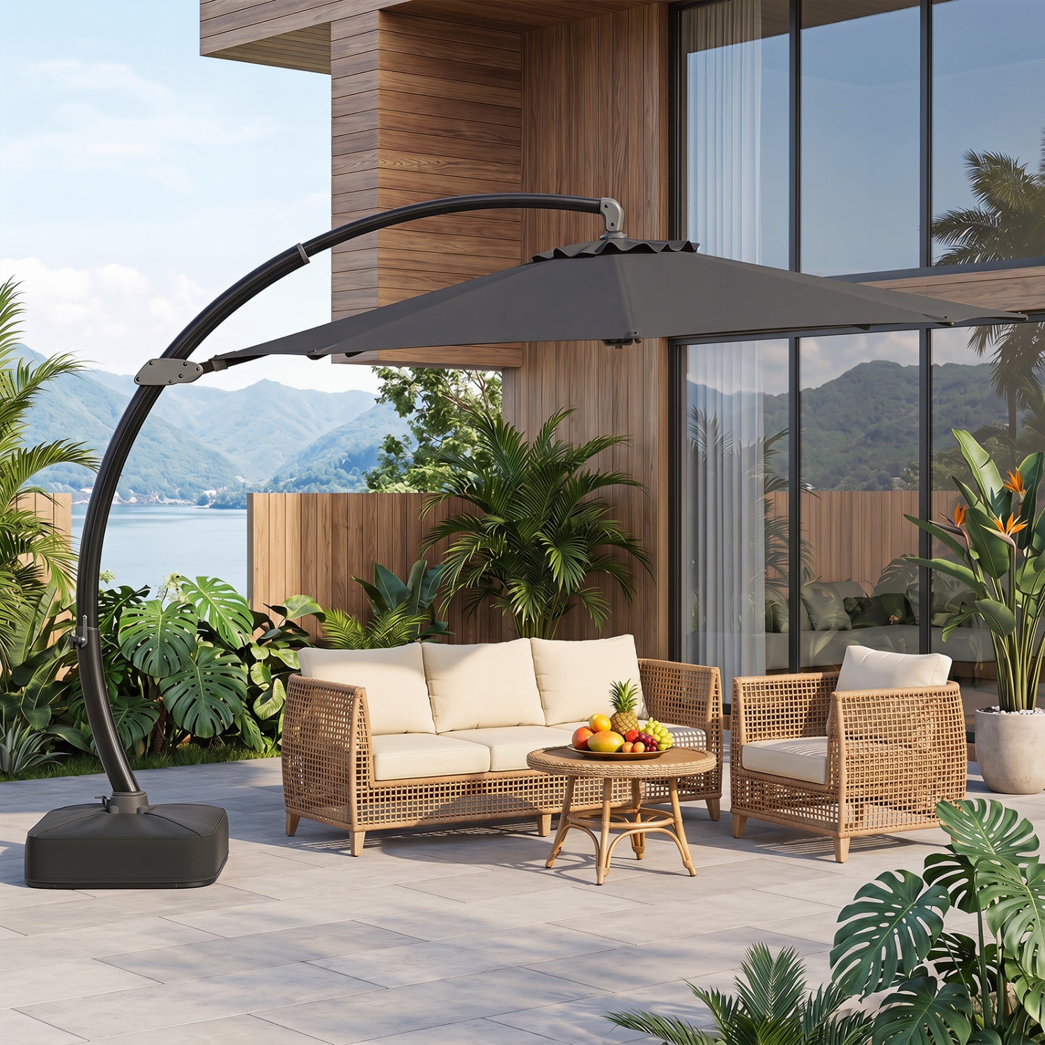 Beige 11 ft cantilever patio umbrella with base, featuring 360° rotation and tilt adjustment for outdoor shade.