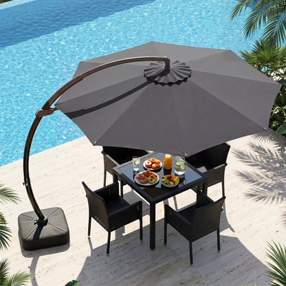 Beige 11 ft cantilever patio umbrella with base, featuring 360° rotation and tilt adjustment for outdoor shade.