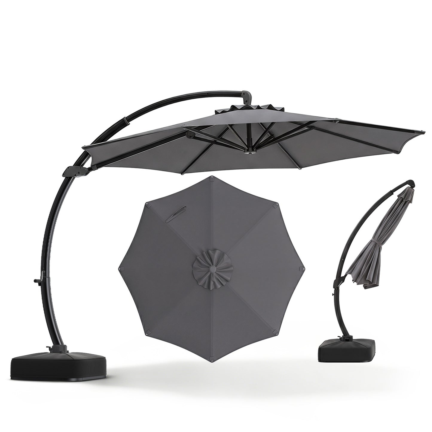 Beige 11 ft cantilever patio umbrella with base, featuring 360° rotation and tilt adjustment for outdoor shade.