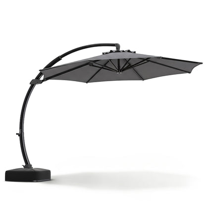 Beige 11 ft cantilever patio umbrella with base, 360° rotation, and tilt adjustment for outdoor shade by Wilsons Home Store