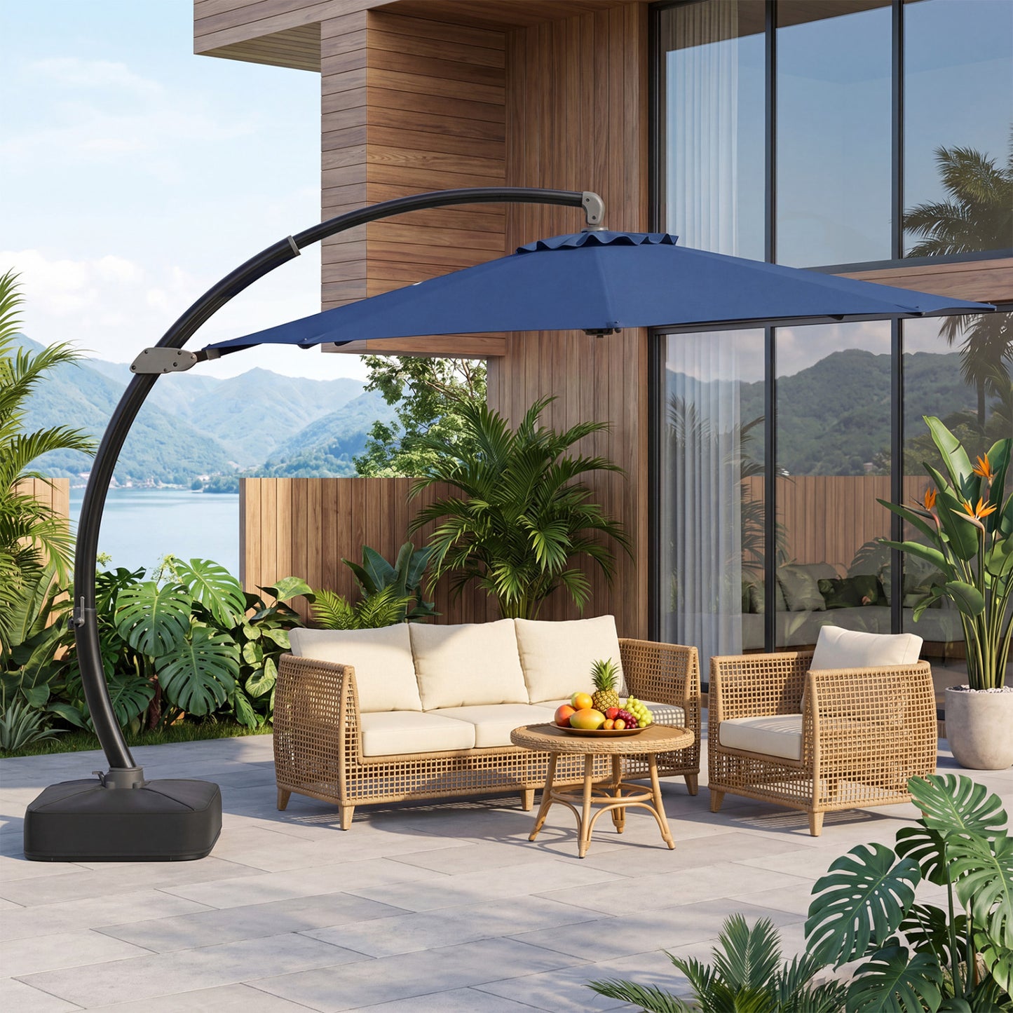 Beige 11 ft cantilever patio umbrella with base, featuring 360° rotation and tilt adjustment for outdoor shade.