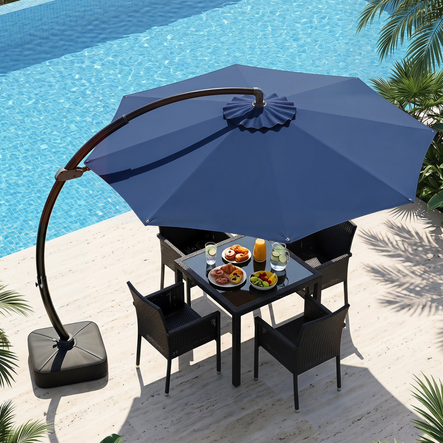 Beige 11 ft cantilever patio umbrella with base, featuring 360° rotation and tilt adjustment for outdoor shade.