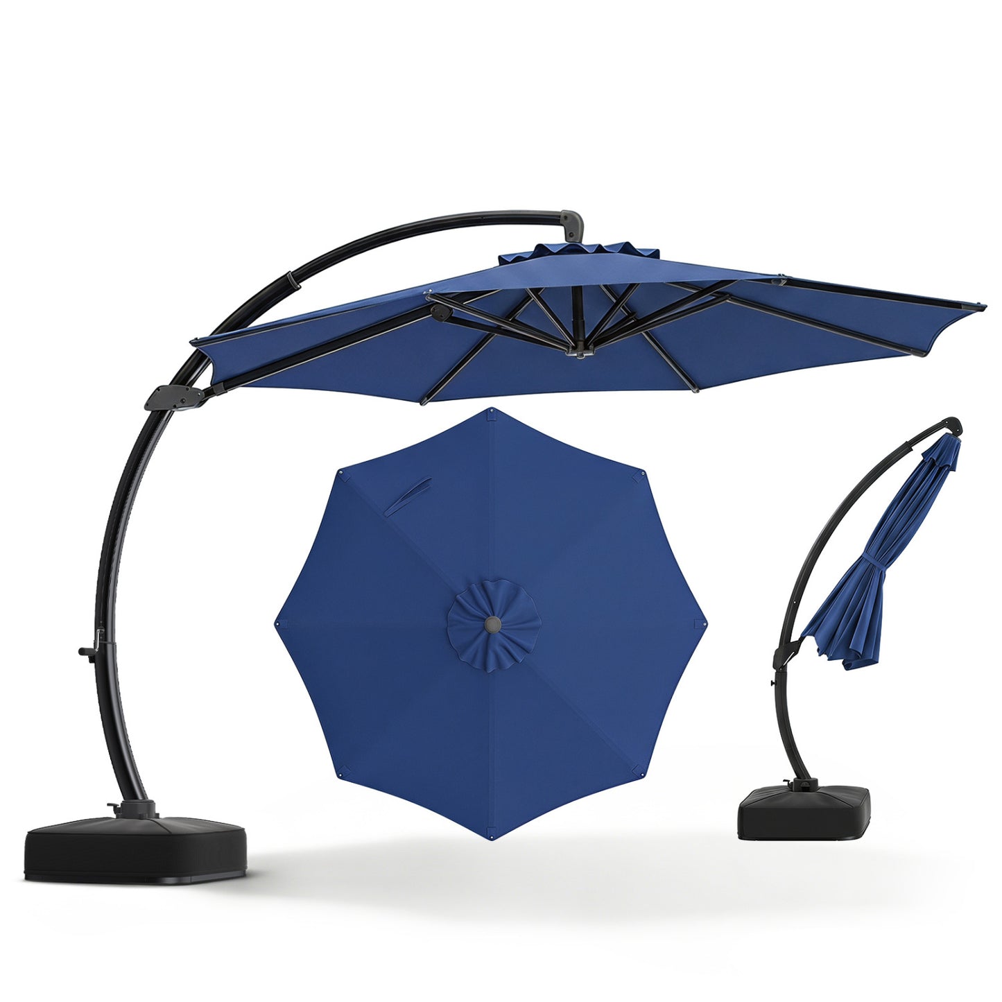 Beige 11 ft cantilever patio umbrella with base, featuring 360° rotation and tilt adjustment for outdoor shade.