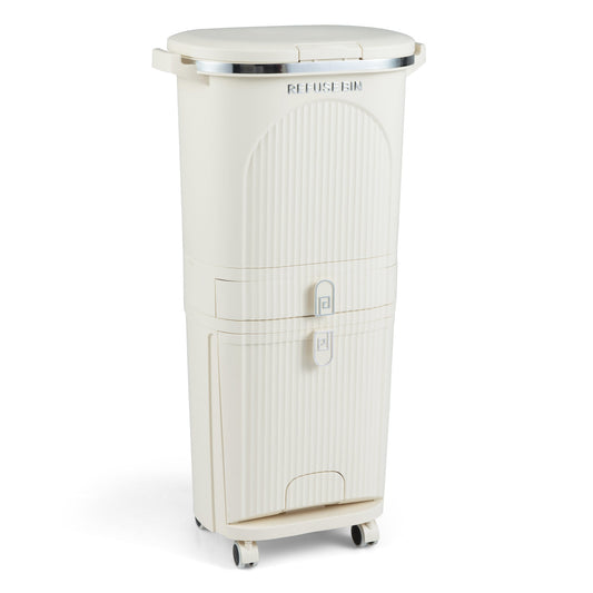 11 Gallon 3-Layer Kitchen Trash Can with Lid and 2 Removable Buckets-Beige