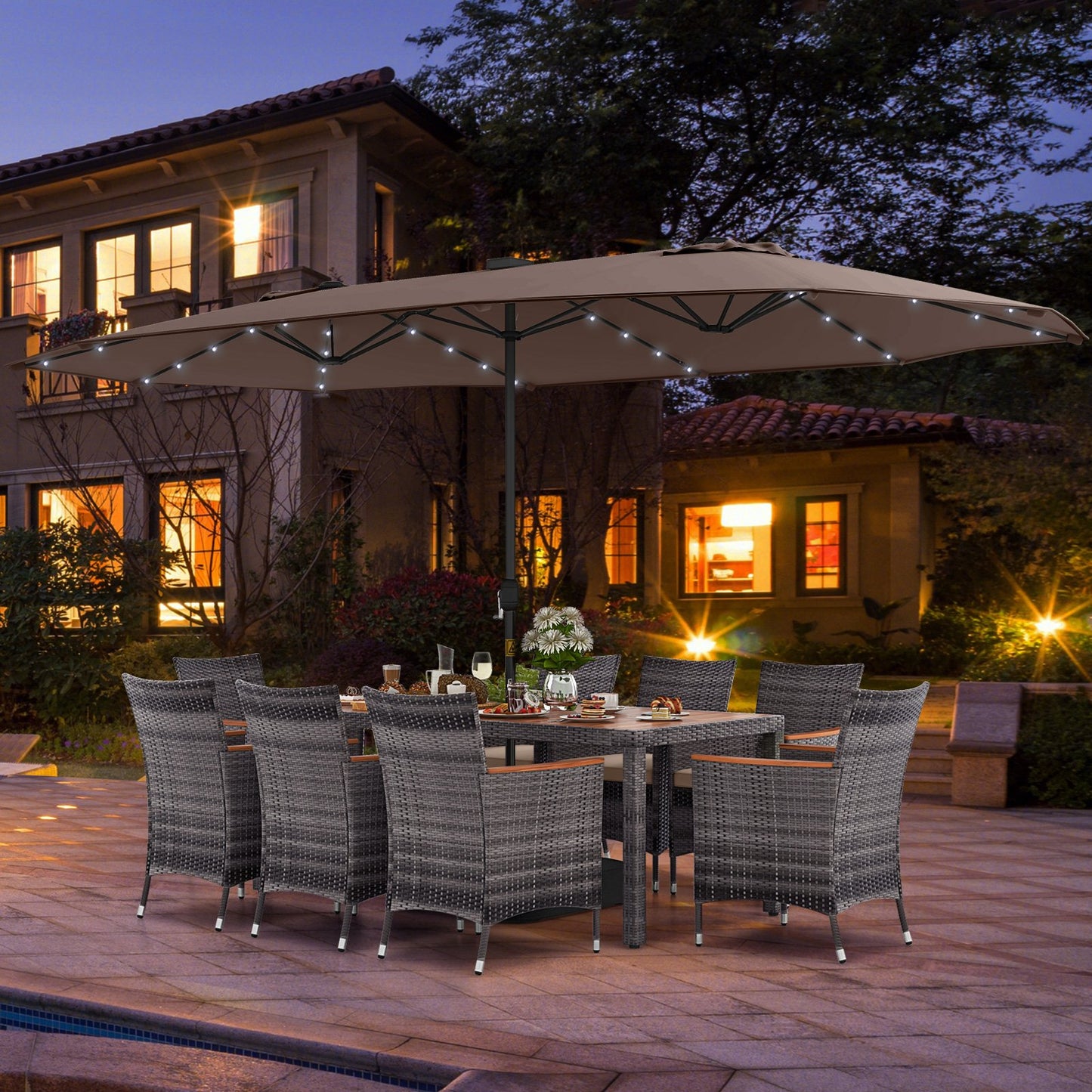 11 Pieces Patio Dining Set with 15 Feet Double-Sided Patio Umbrella Base Included-Beige