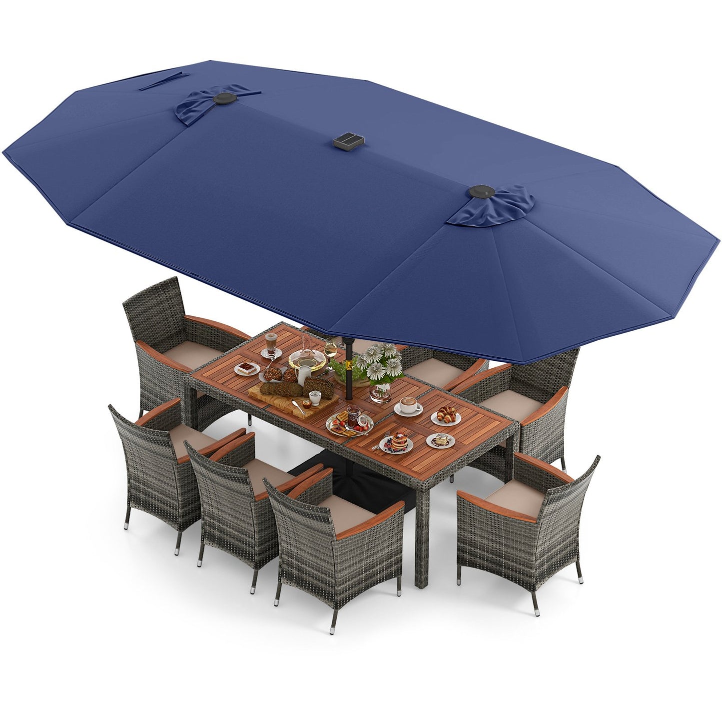 11 Pieces Patio Dining Set with 15 Feet Double-Sided Patio Umbrella Base Included-Beige