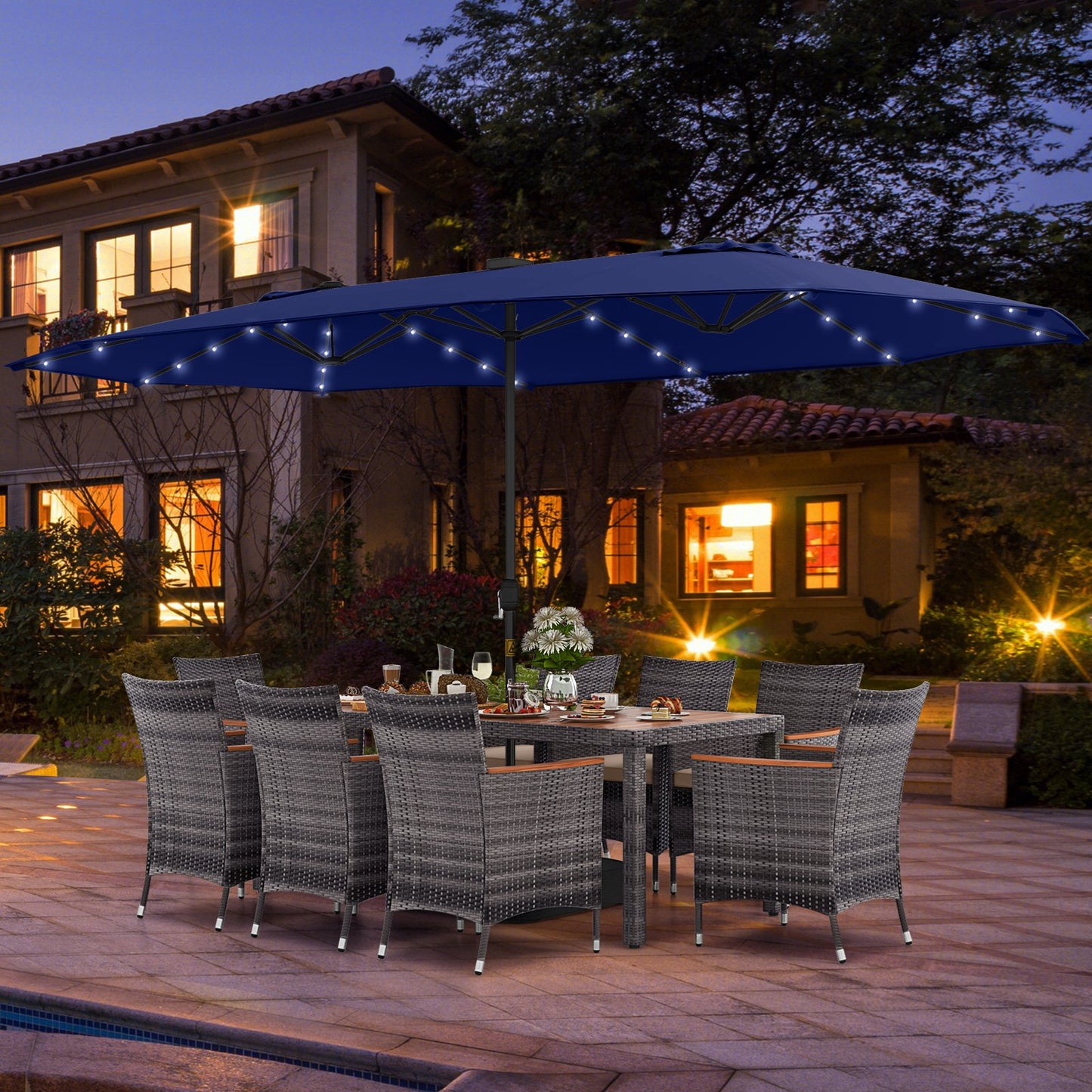 11 Pieces Patio Dining Set with 15 Feet Double-Sided Patio Umbrella Base Included-Beige