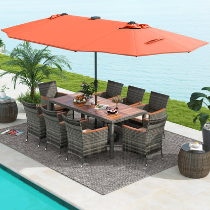 11 Pieces Patio Dining Set with 15 Feet Double-Sided Patio Umbrella Base Included-Beige