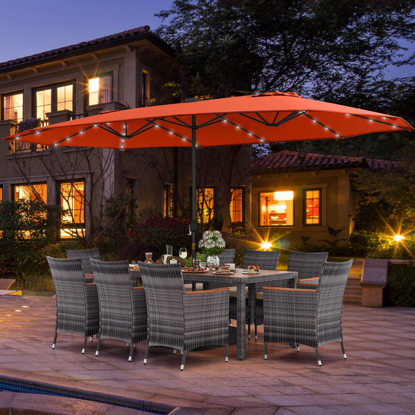 11 Pieces Patio Dining Set with 15 Feet Double-Sided Patio Umbrella Base Included-Beige