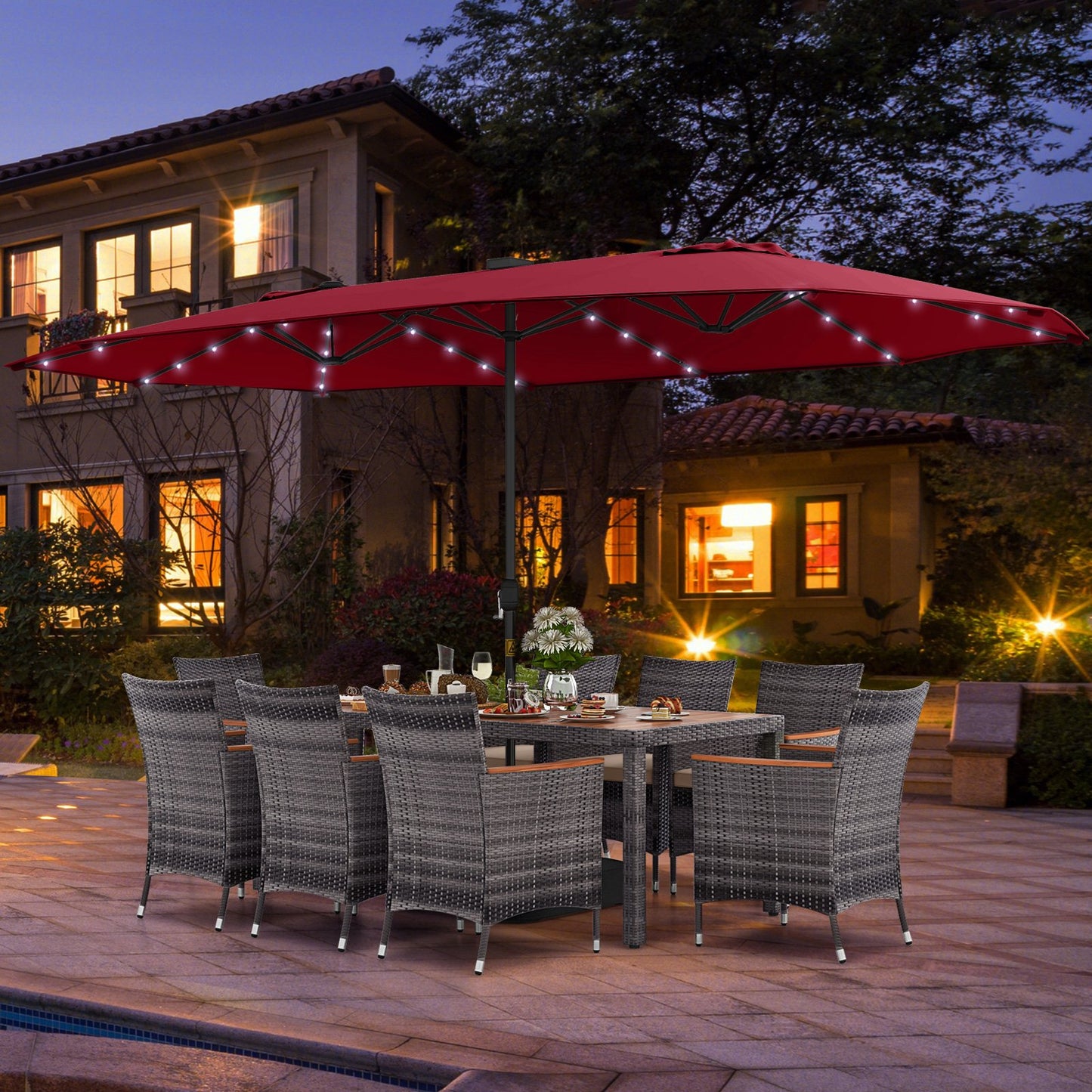 11 Pieces Patio Dining Set with 15 Feet Double-Sided Patio Umbrella Base Included-Beige