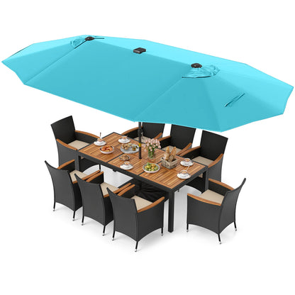 11 Pieces Patio Dining Set with LED Patio Umbrella with Base and Seat Cushions (Beige)-Turquoise
