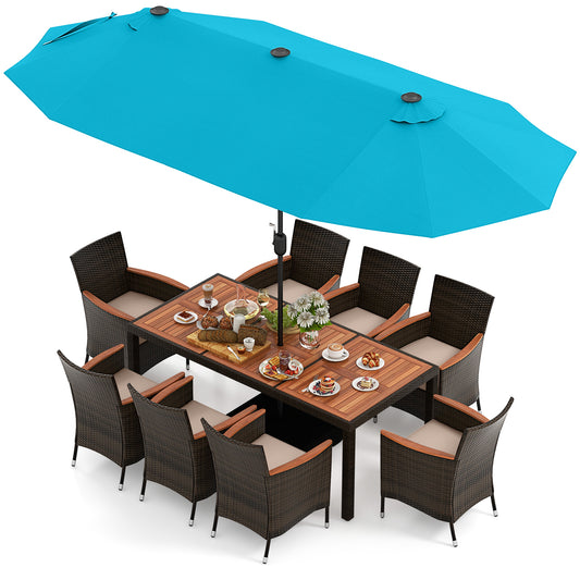 11 Pieces Patio Dining Set 15ft Double-Sided Patio Umbrella (Base Included) and Outdoor Rattan Furniture Set with 8 Stackable Chairs-Turquoise