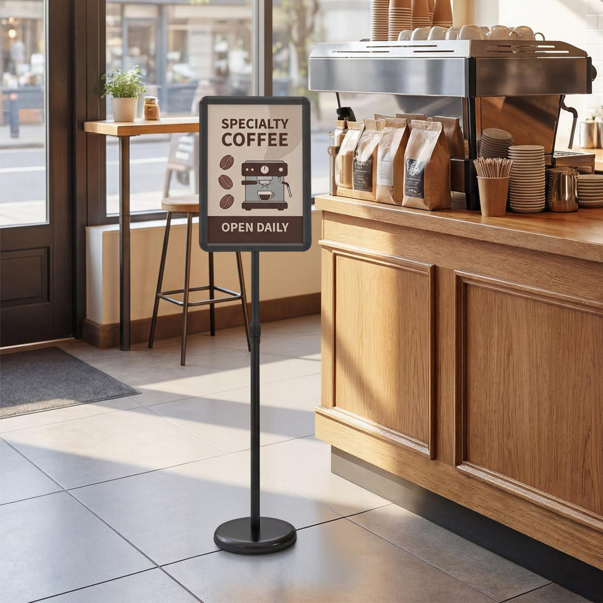 Black 11x17 inch height adjustable sign holder stand with snap-open frame for home office use.