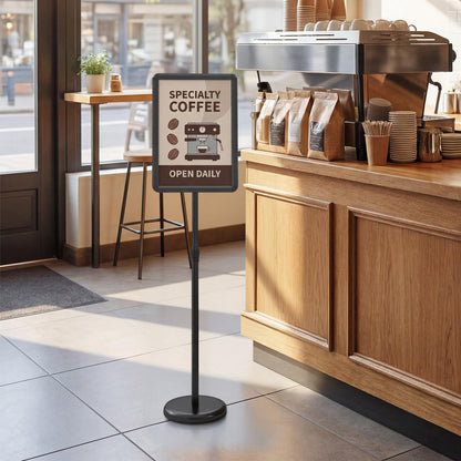 Black 11x17 inch height adjustable sign holder stand with snap-open frame for home office use.