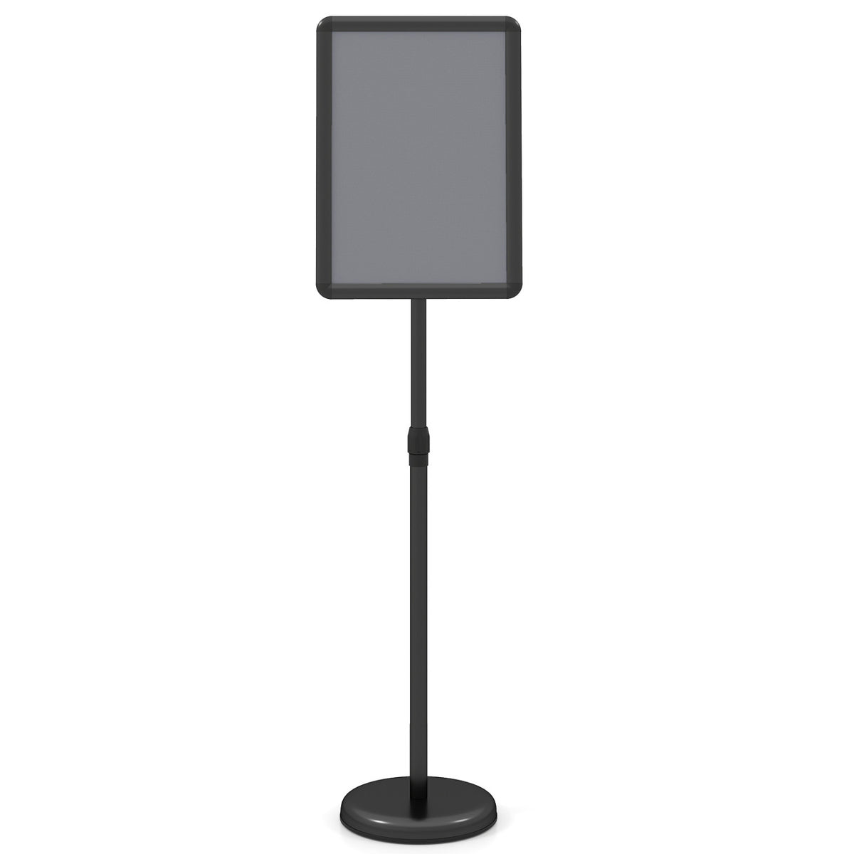 Black 11x17 inch height adjustable sign holder stand with snap-open frame for home office or business display.