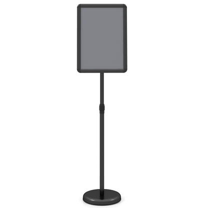 Black 11x17 inch height adjustable sign holder stand with snap-open frame for home office or business display.