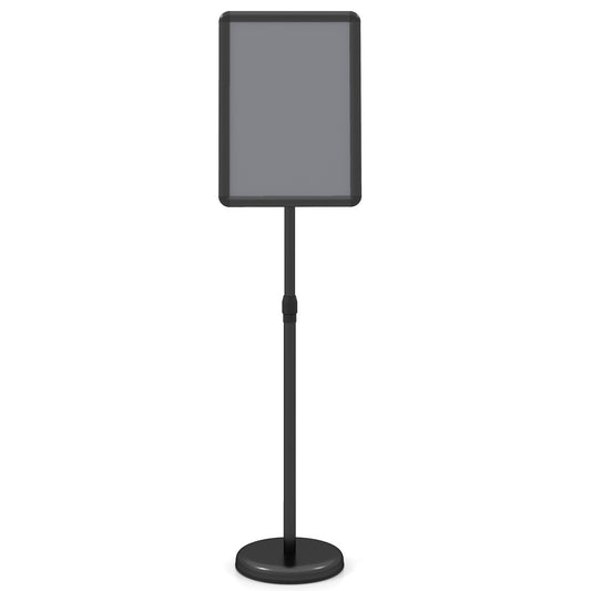 Black 11x17 inch height adjustable sign holder stand with snap-open frame for home office or business display.