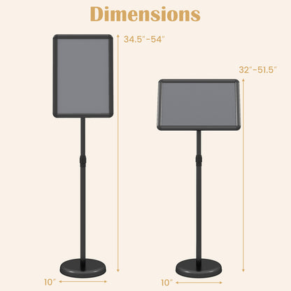 Black 11 x 17 inch height adjustable sign holder stand with snap-open frame, ideal for home office or display signage.