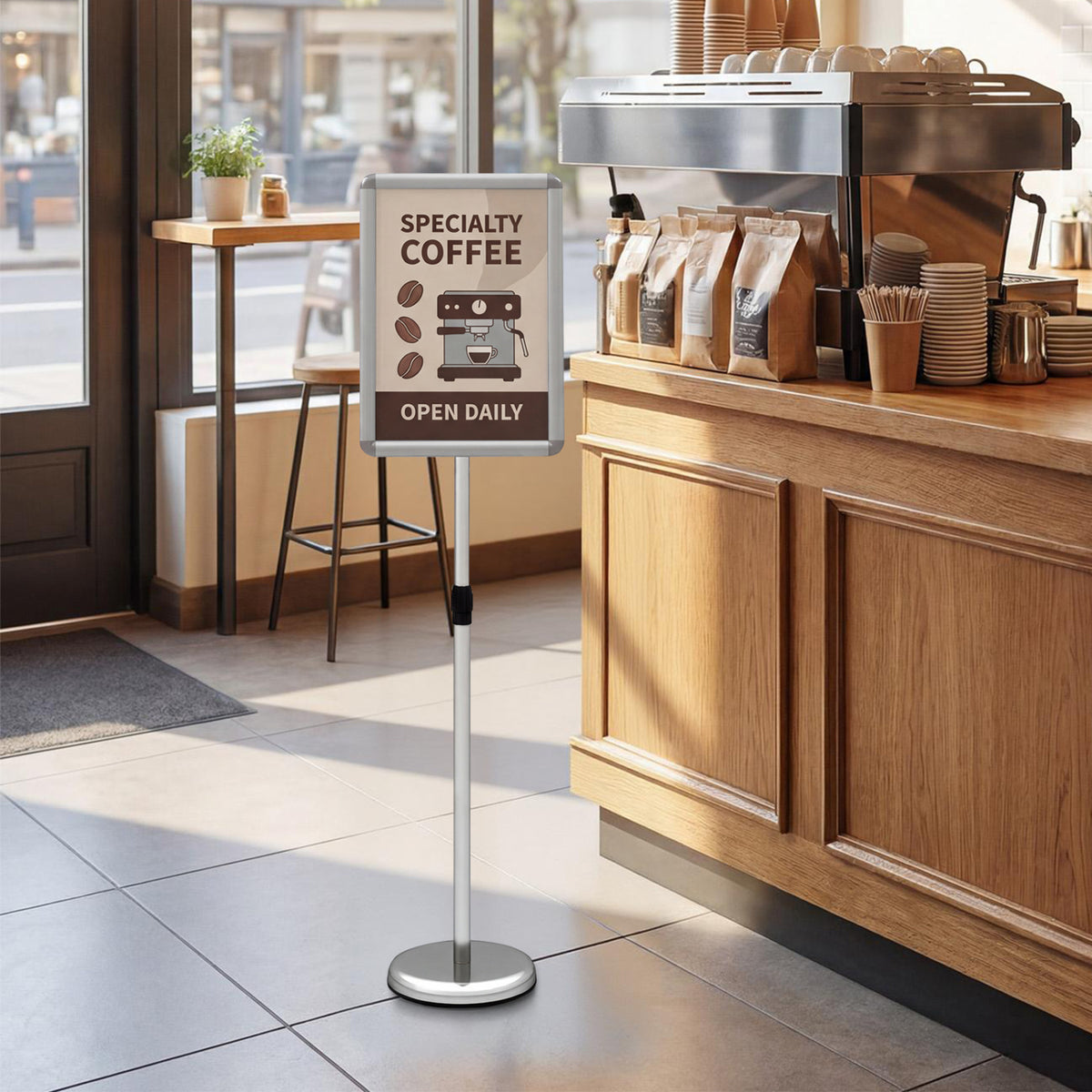 Black 11 x 17 inch height-adjustable sign holder stand with snap-open frame, suitable for home office displays.