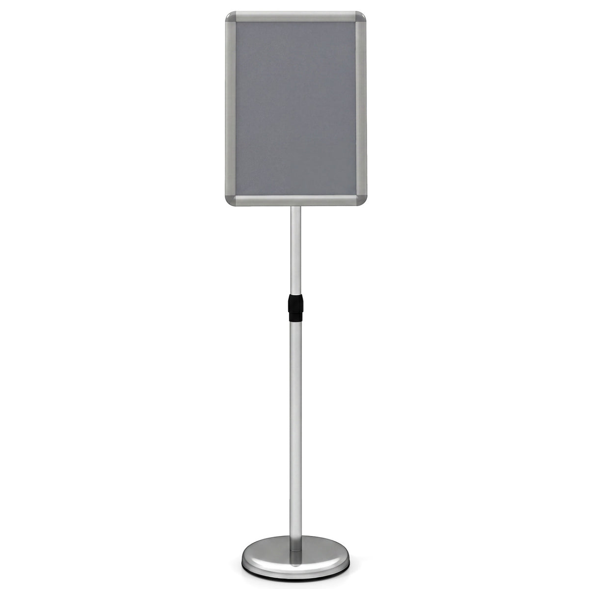 Black 11x17 inch height adjustable sign holder stand with snap-open frame, suitable for home office or display signage.