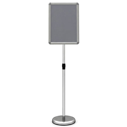 Black 11x17 inch height adjustable sign holder stand with snap-open frame, suitable for home office or display signage.