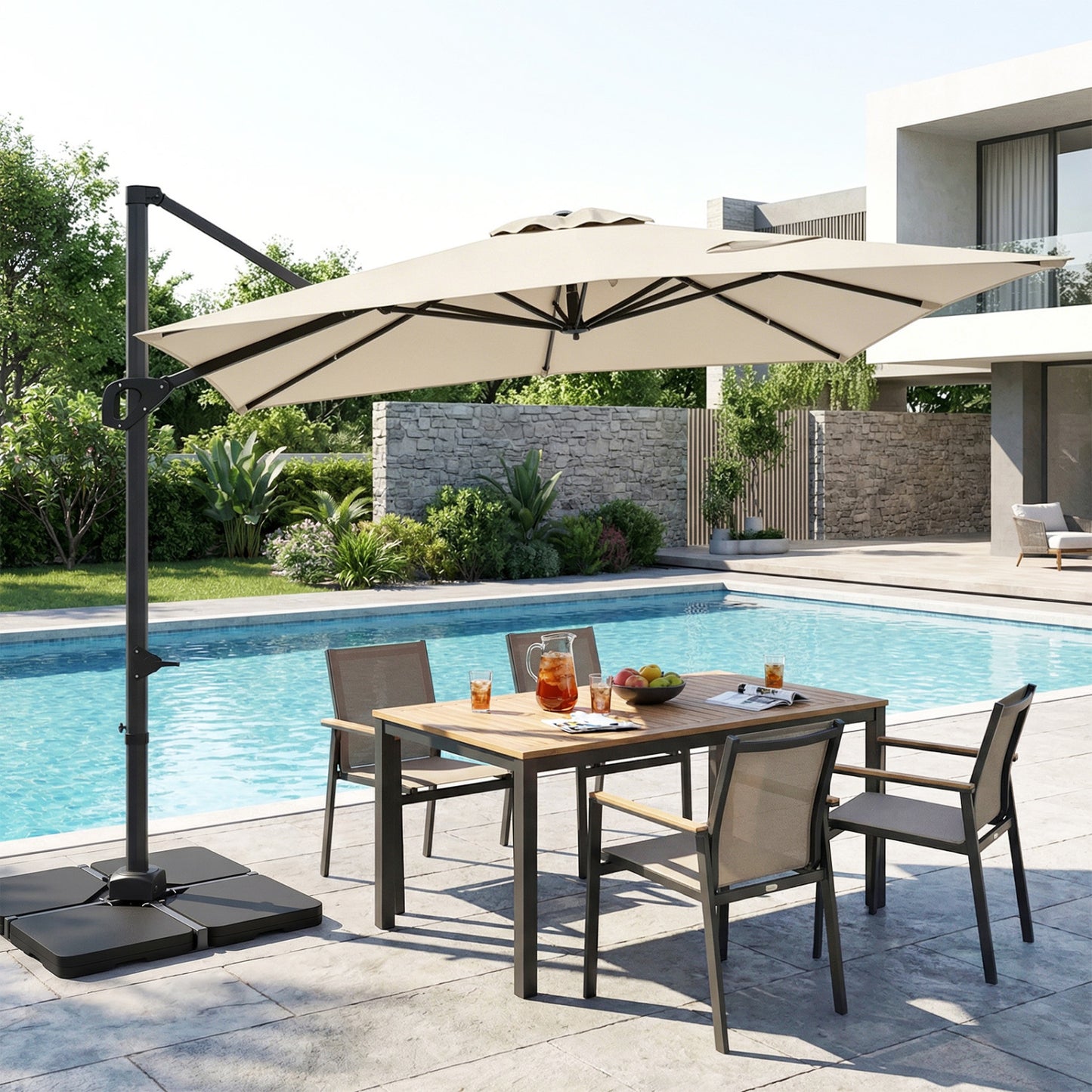 Beige 11x9 ft aluminum outdoor offset hanging umbrella with sturdy base, ideal for patio shade by Wilsons Home Store