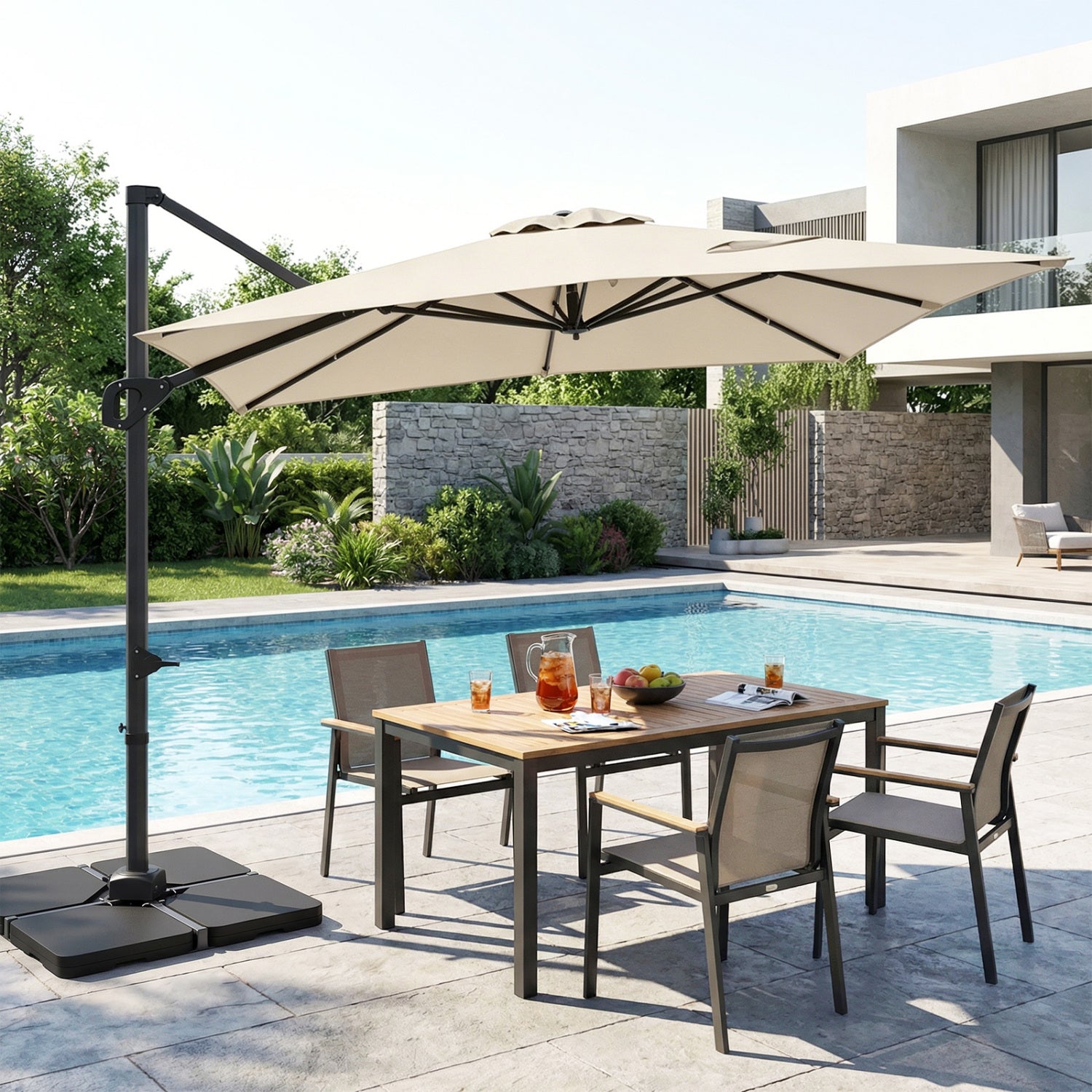 Beige 11x9 ft aluminum outdoor offset hanging umbrella with sturdy base, ideal for patio shade by Wilsons Home Store
