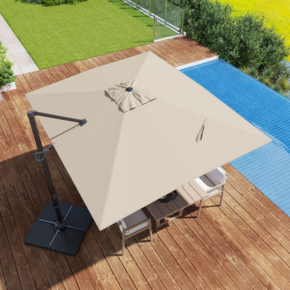 Beige 11x9 ft aluminum outdoor offset hanging umbrella with sturdy base, ideal for shade in outdoor spaces.