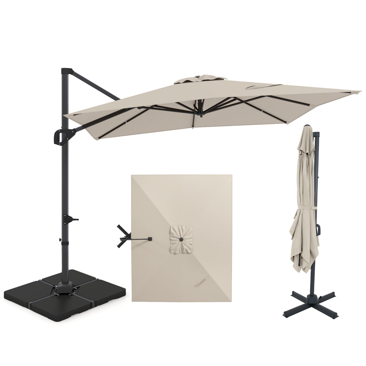 Beige 11x9 ft aluminum outdoor offset hanging umbrella with sturdy base, designed for shaded outdoor spaces.