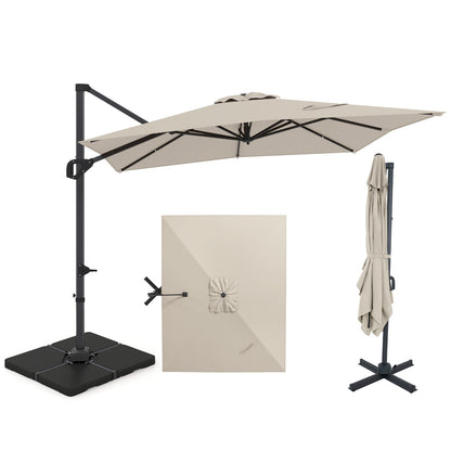 Beige 11x9 ft aluminum outdoor offset hanging umbrella with sturdy base, designed for shaded outdoor spaces.