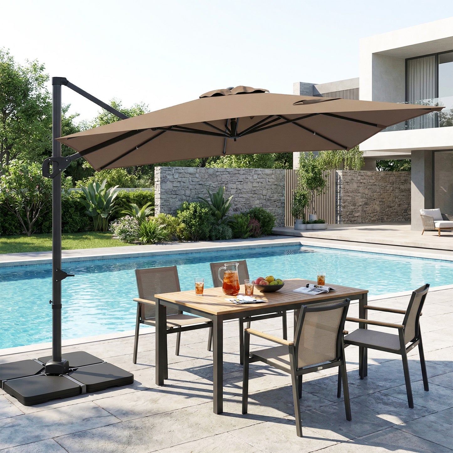 Beige 11 x 9 ft aluminum outdoor offset hanging umbrella with sturdy base for patio shade from Direct by Wilsons Home Store.