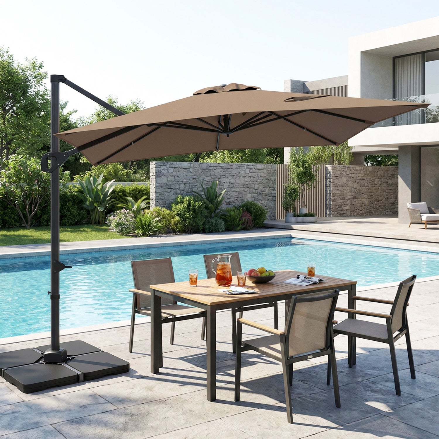 Beige 11 x 9 ft aluminum outdoor offset hanging umbrella with sturdy base for patio shade from Direct by Wilsons Home Store.