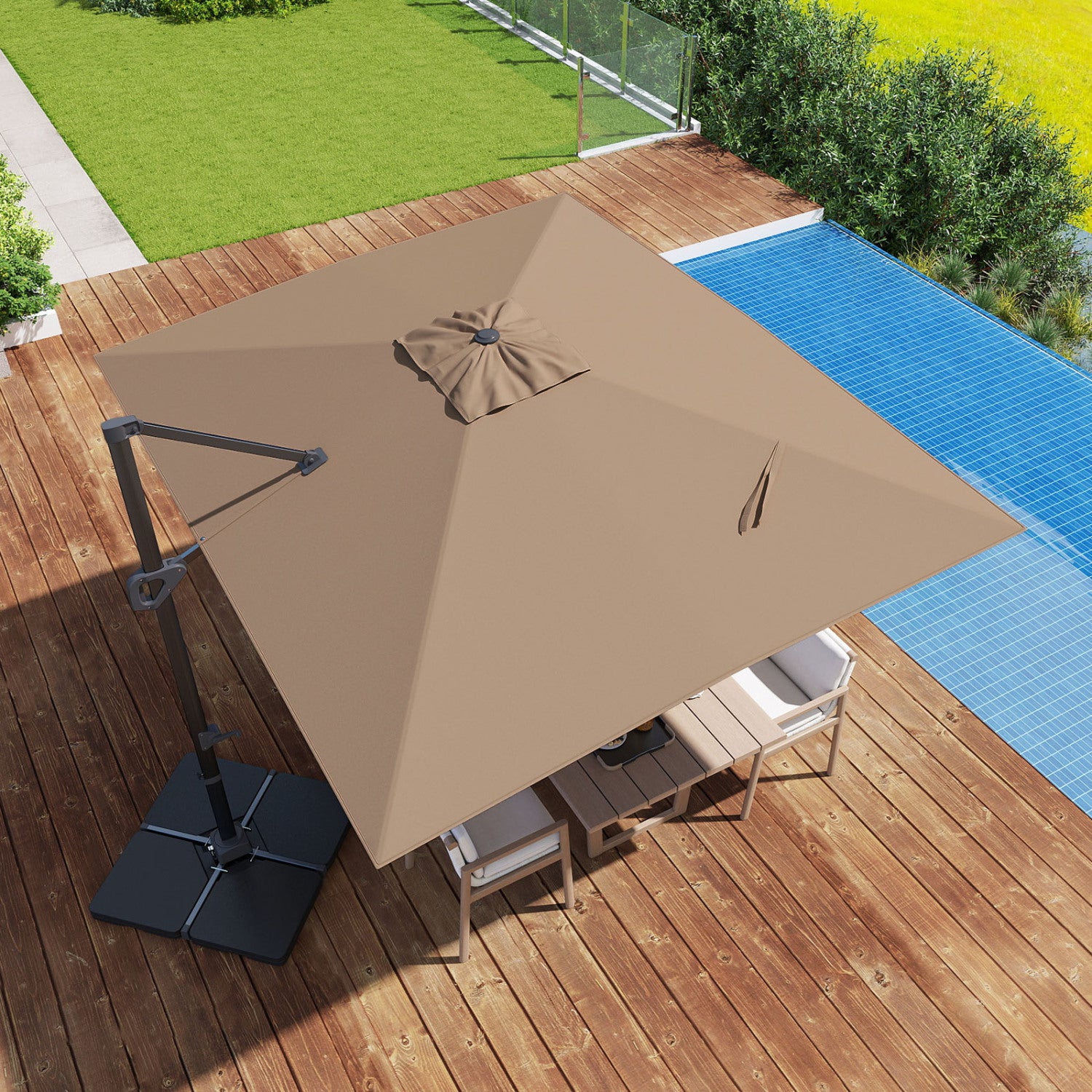 Beige 11x9 ft aluminum outdoor offset hanging umbrella with sturdy base, ideal for patio shading.