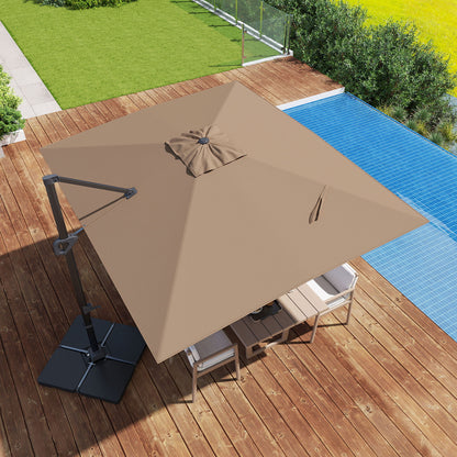 Beige 11x9 ft aluminum outdoor offset hanging umbrella with sturdy base, ideal for patio shading.