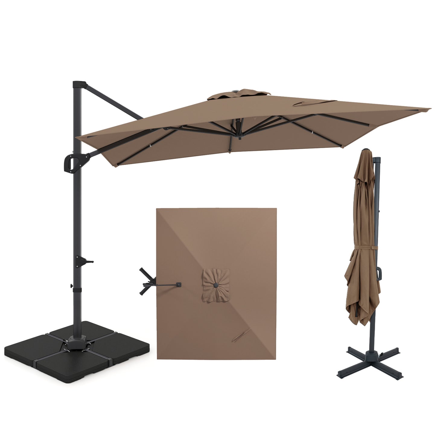 Beige 11 x 9 ft aluminum outdoor offset hanging umbrella with sturdy base, perfect for patio shading.