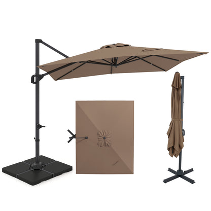 Beige 11 x 9 ft aluminum outdoor offset hanging umbrella with sturdy base, perfect for patio shading.