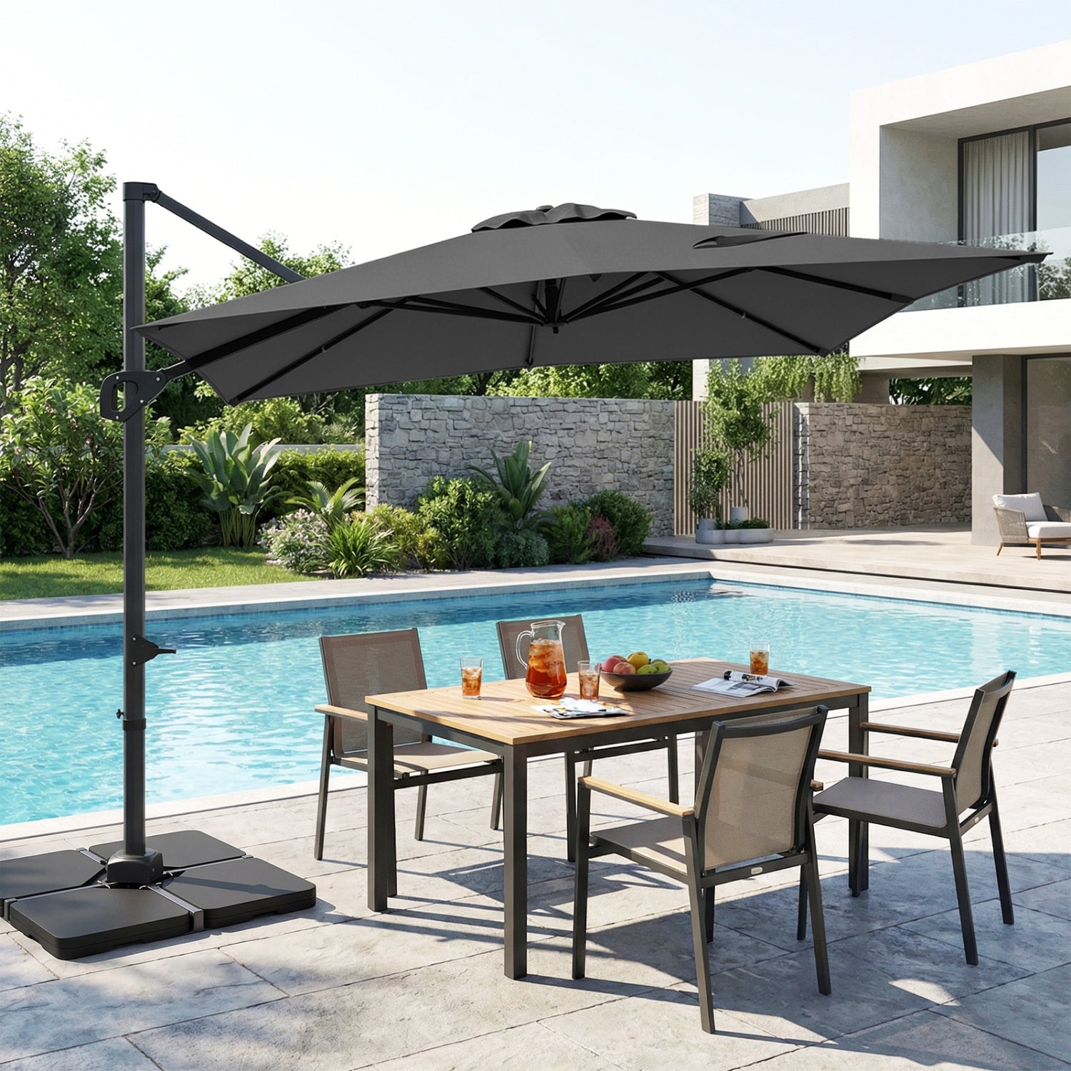 Beige 11 x 9 ft aluminum outdoor offset hanging umbrella with sturdy base, perfect for patio shade from Wilsons Home Store.