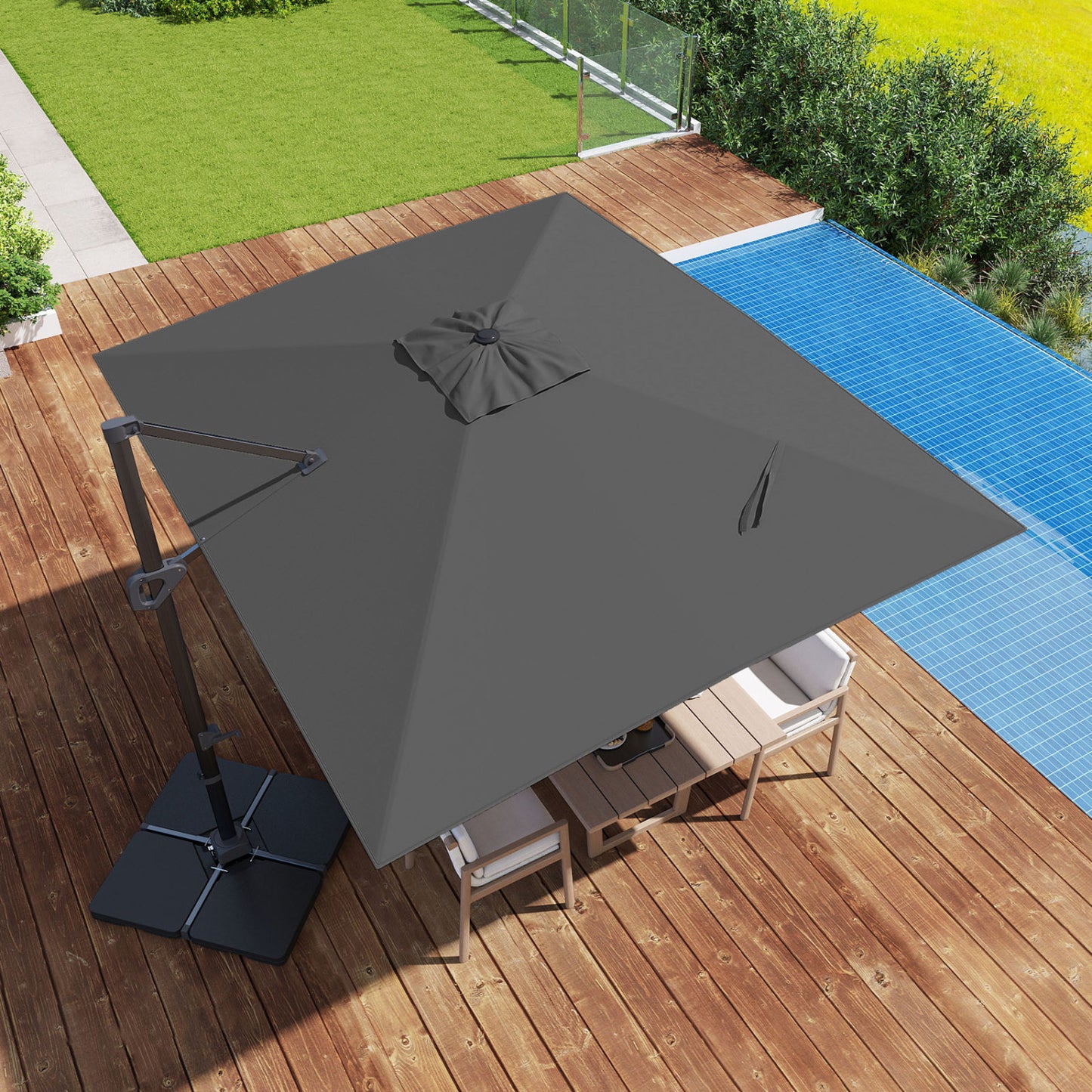 Beige 11x9 ft aluminum outdoor offset hanging umbrella with sturdy base, ideal for patio shade and outdoor relaxation.