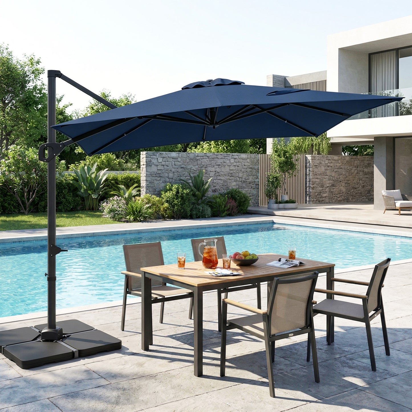 Beige 11 x 9 ft aluminum outdoor offset hanging umbrella with sturdy base, perfect for shade in outdoor spaces.