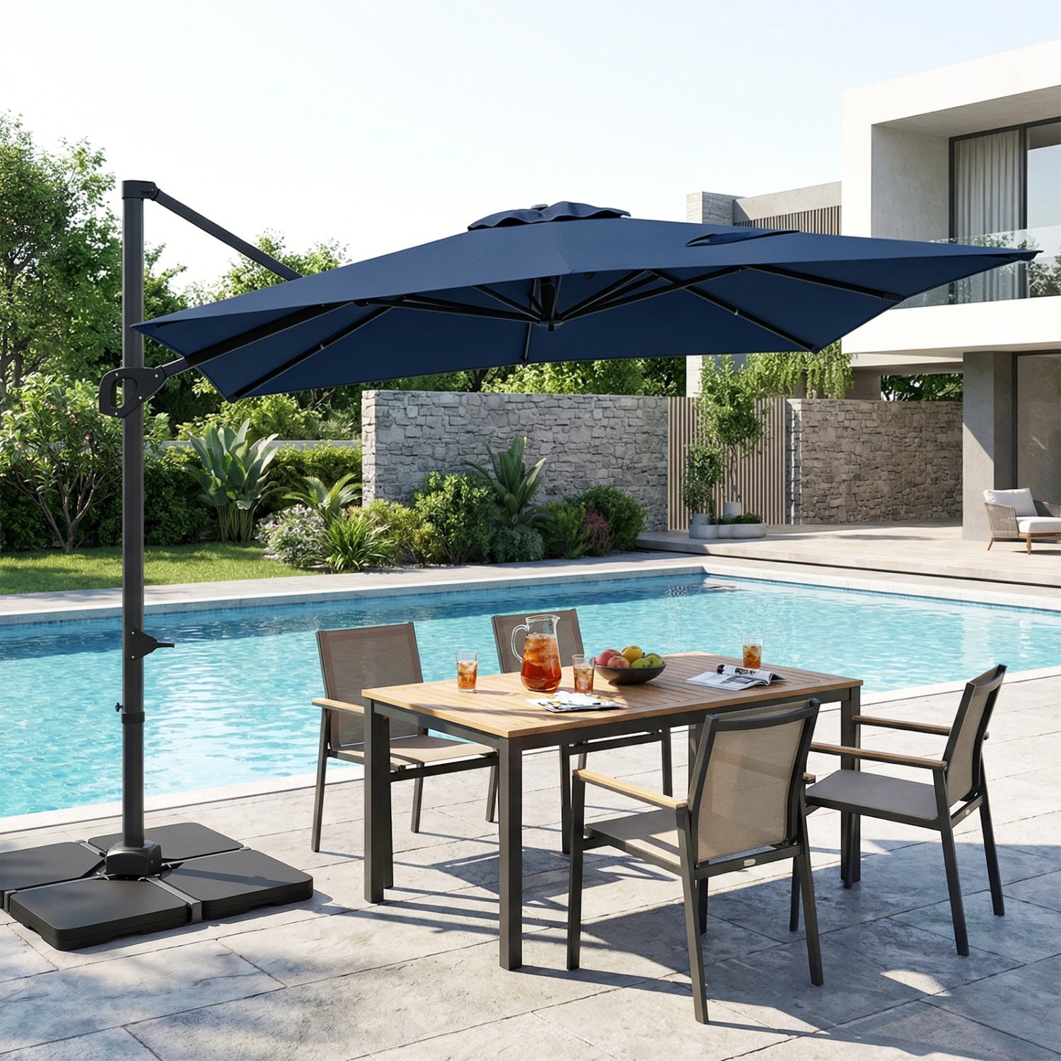 Beige 11 x 9 ft aluminum outdoor offset hanging umbrella with sturdy base, perfect for shade in outdoor spaces.