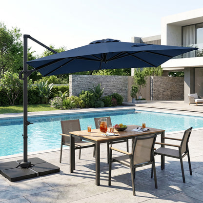 Beige 11 x 9 ft aluminum outdoor offset hanging umbrella with sturdy base, perfect for shade in outdoor spaces.