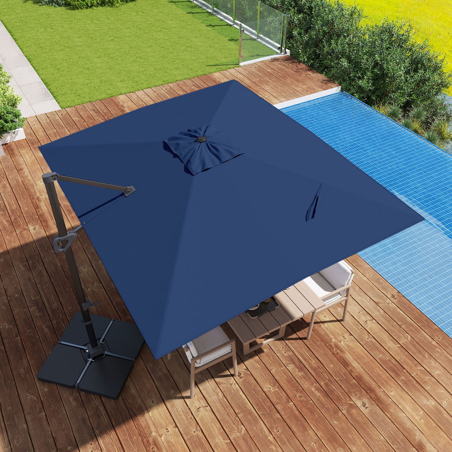Beige 11 x 9 ft aluminum pole outdoor offset hanging umbrella with sturdy base, ideal for outdoor shade and relaxation.