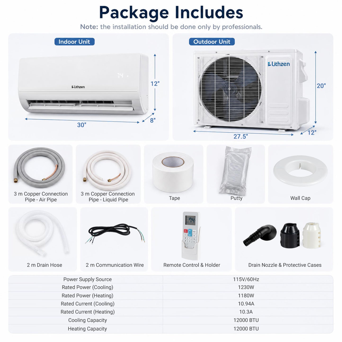 Lithzen 12000 BTU 115V 17 SEER2 Mini Split Air Conditioner and Heater WiFi Enabled