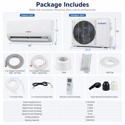 Lithzen 12000 BTU 115V 17 SEER2 Mini Split Air Conditioner and Heater WiFi Enabled