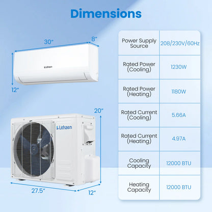 Lithzen 12000 BTU 208-230V 17 SEER2 Mini Split Air Conditioner and Heater WiFi Enabled
